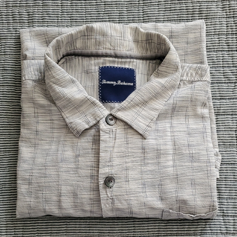 Tommy Bahama Blue Strips and white, Plaid Button-Down Shirt with Navy Trim